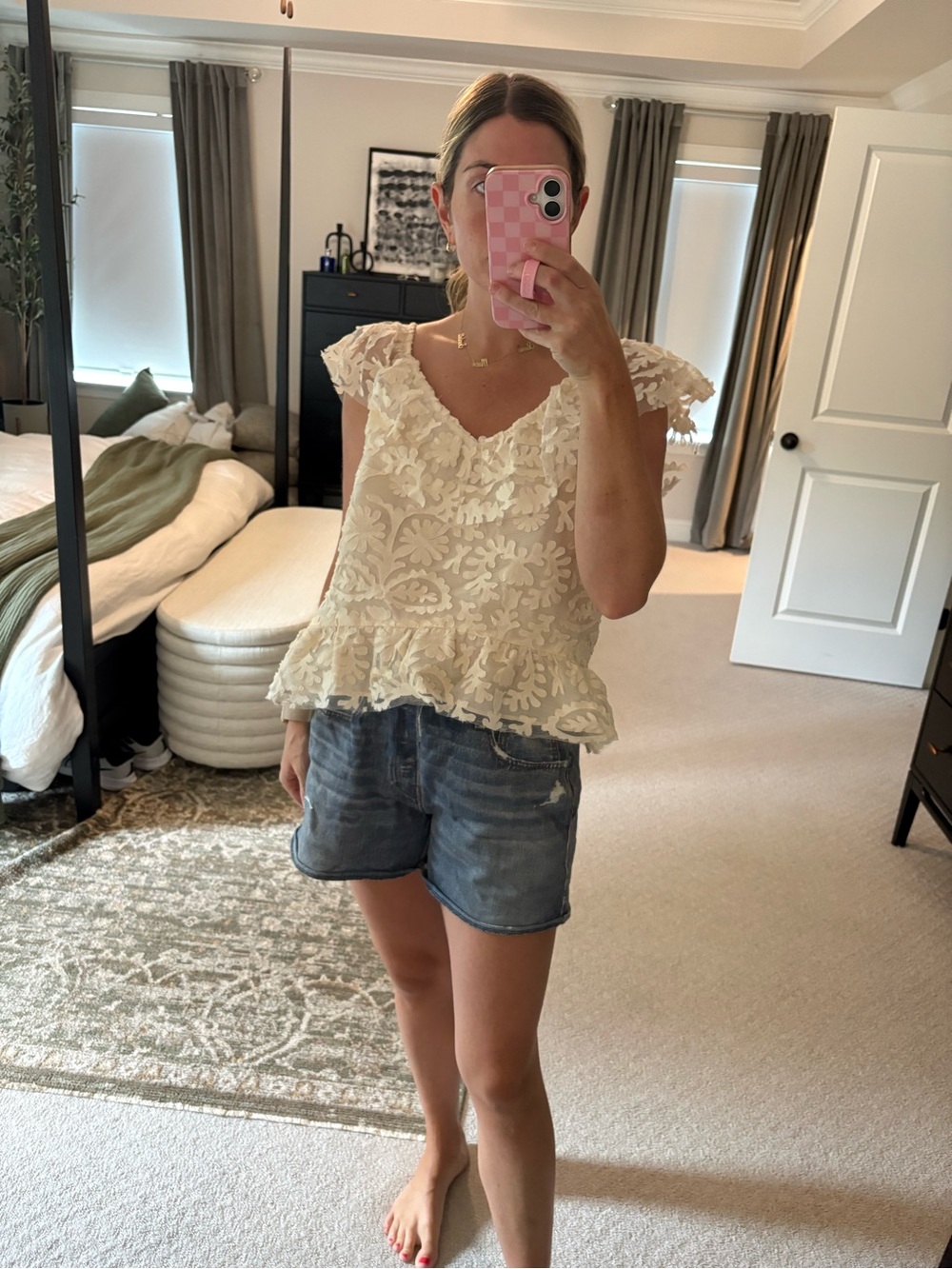 Cream Floral Lace Peplum Blouse - Women’s V-Neck Top